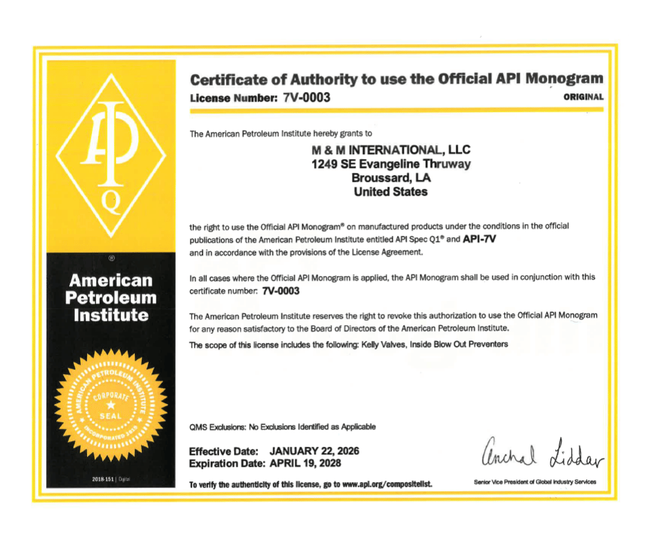 M&M International Now Licensed for API 7V Kelly Valves & IBOPs